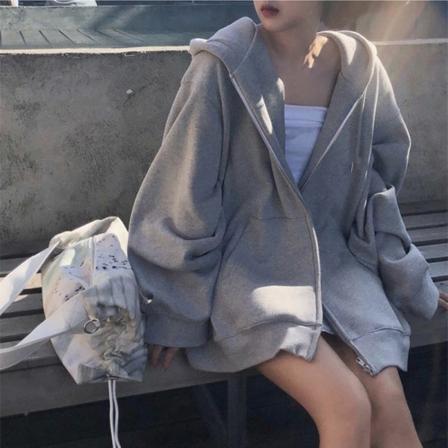 Oversized glidelås hettegenser kvinner vanlig koreansk mote enkel genser lomme
