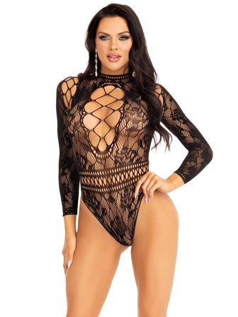High Neck Lace Bodysuit Black - Leg Avenue