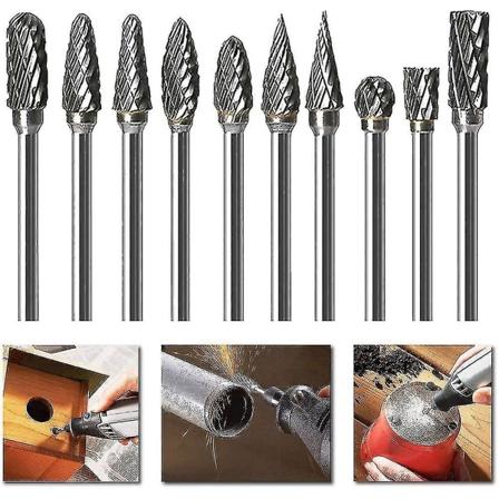 10 stk, dobbeltskjæret wolframkarbid roterende burrsett for roterende verktøy, fres bits med 1/8 skaft og 1/4 slipehode for DIY, trebearbeiding, 