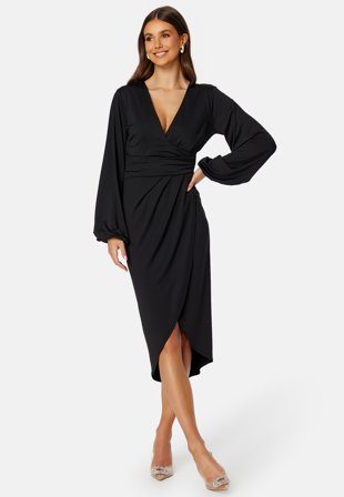 Bubbleroom Occasion - Wrap Stretchy Midi Dress - Black - Kläder Omlottklänning