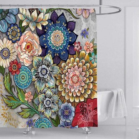 Blommig duschdraperi 72" x 72" med 12 krokar, ljusa blommor