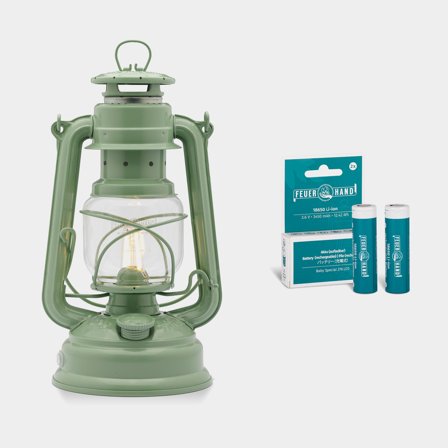 Stormlamp LED Feuerhand 276 (Baby Special) LED, 255 mm, Sage Green + oplaadbare lithium-ion batterijen