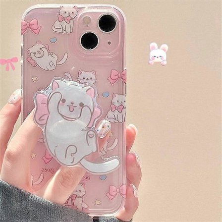 Söpö hyytelön vaaleanpunainen rusetti kissa -teline puhelinkotelo, yhteensopiva iPhone 15 14 13 12 11 pro Max -puhelimien kanssa, sarjakuva kirkas 