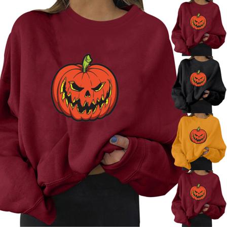 Halloween Kvinnas Lös Huvtröja Med Rund Hals Print