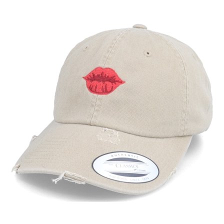 Iconic - Red Lips Khaki Ripped Dad Cap Unconstructed Beige Cap - @ Hatstore