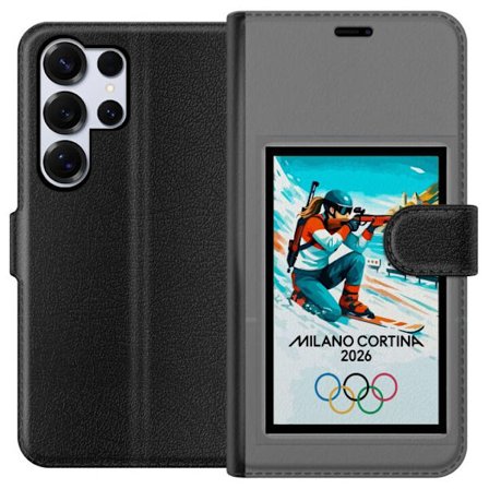 Kompatibelt Lommeboketui til Samsung Galaxy S25 Ultra Retroplakat Cortina Milano 2026 med fjell, vintersportsutøvere, italienske trikolor, Milano-kate
