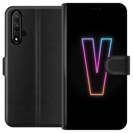 Yhteensopiva Lompakkokotelo Honor Honor 20 Neonkirjain V värikoodattu valossa mustaa taustaa vasten, minimalistinen muotoilu selkeällä hehkulla ja