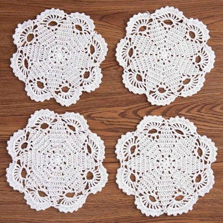 2025 Sopivat käsintehdyt virkatut puuvillapitsiliinat lasinaluset, 20 cm 4 kpl (valkoinen)