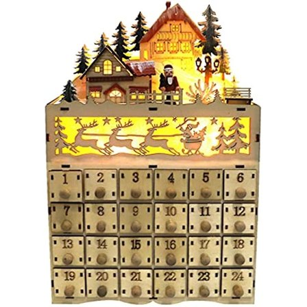 Julekalender i træ med lampe, 24 nummererede skuffer, nedtælling, boligdekoration