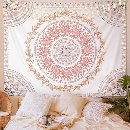Mandala-veggteppe, estetisk, boho-veggteppe, rosa blomstermedaljong-tepper, bohemsk veggkunst, hippie-dekor for soverom, stue, sovesal