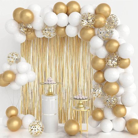 Platin Ballongirland Kit Med Gyldne Trådgardiner Platinballoner Hvid Og Guld Bryllup Fødselsdagsfest
