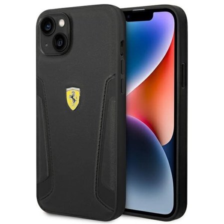 Ferrari FEHCP14MRBUK iPhone 14 Plus musta kovakantinen nahkakotelo Nahkaleimasin sivut