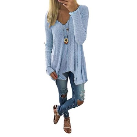 Kvinnor Långärmad V-ringad Vanlig tröja Tunika Pullover Casual Toppar