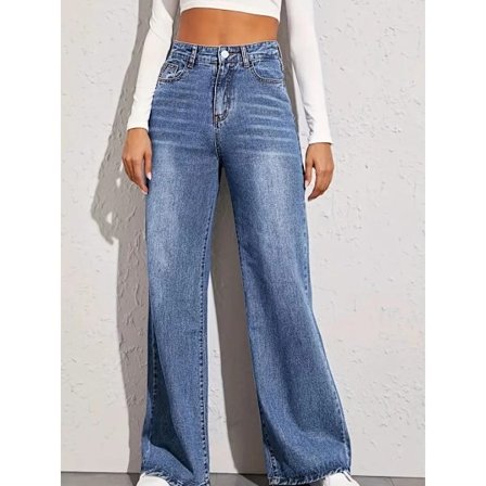 Høytsittende jeans med vide ben og løs sømkant for kvinner, vasket denim (uten linning) Størrelse S