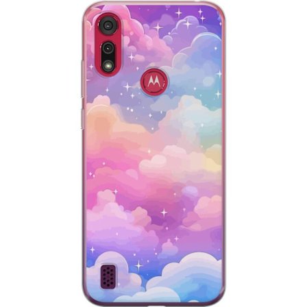 Kompatibelt Mobildeksel til Motorola Moto E6s (2020) Søt enhjørning med regnbuefarget hår mot en stjernebelagt pastellbakgrunn i kawaii-stil