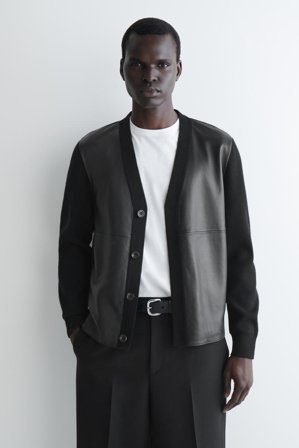 COS Men's Leather Panelled Wool Cardigan Sweater in Black