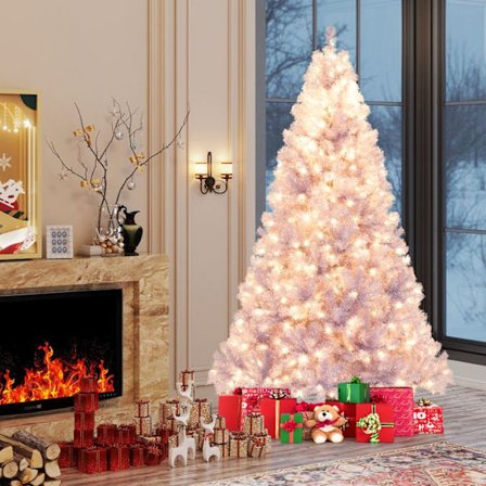 LED juleskaber 225CM COSTWAY-Forbelyst-550 Lyskilder Varm Hvid, 8 Tilstande-1300 Grene Pyntet med Reflekterende Film-Lilla