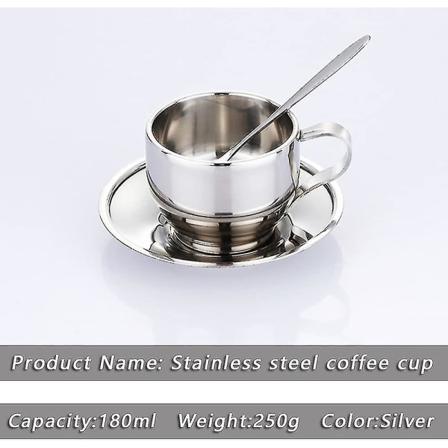 Kaffekoppset i rostfritt stål, dubbelväggig, med handtag för cappuccino, sked och fat, oförstörbar, för kaféer och restauranger (silver)