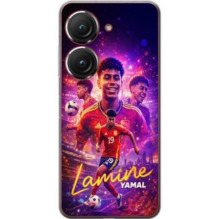 Kompatibelt Mobildeksel til Asus Asus Zenfone 9 Lamine Yamal fotballplakat i spansk landslagstøy med dynamisk handling, fargerik sportsillustrasjon f