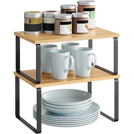 Krydderhylle, Sett med 2, Skaporganisator, Utvidbar kjøkkenhylle, Stabelbar krydderholder, Metall, Tre