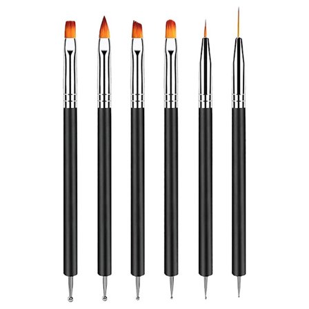 6 Neglekunstbørster - 6 Dobbeltsidige Neglekunstprikkebørster - Neglekunstverktøy - For DIY-prosjekter Hjemme (Svart)