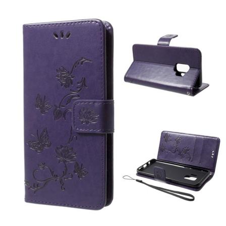 Samsung Galaxy S9 stemplet sommerfugl Blomster PU læder flip etui - Mørkelilla Purple