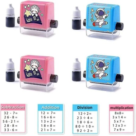 4 stk. matematiske rullestempler, addisjon subtraksjon multiplikasjon divisjon rullestempel, gjenbrukbart beregningsmatematisk rullestempel med blekk 