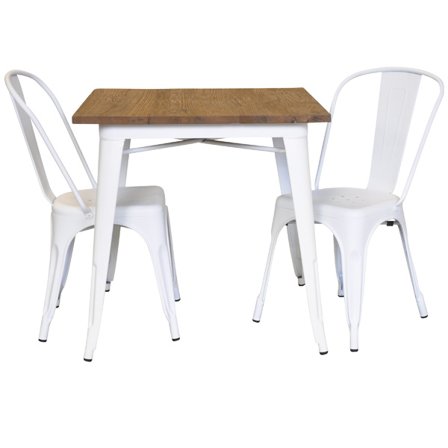 Grupp plåt matt vit med toppskiva i alm med 2 matt vita stolar