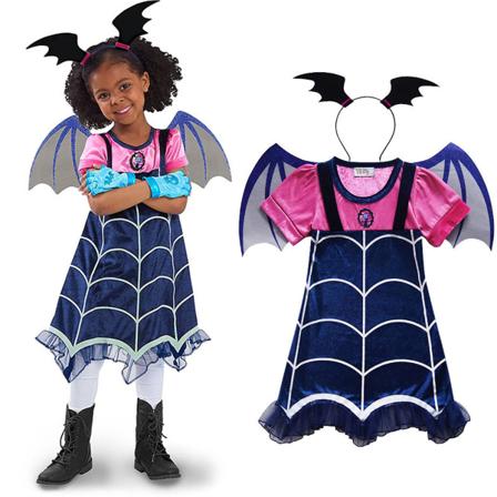 Halloween Kostume til Piger, Vampirina Cosplay Flot Kjole, Kjole med Batvinger og Hovedbeklædning, Jule- og Fødselsdagskostume til Børn 8-9 Years
