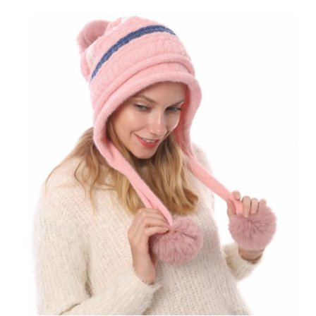 Strikket lue med pompom-øreklaffer for vinter, dame Rosa