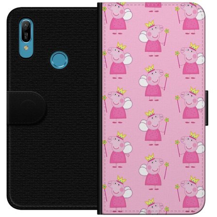 Yhteensopiva Lompakkokotelo Huawei Y6 (2019) Greta Gris ja Peppa Pig dinosauruksella ja eläimillä, leikkisä piirretty lasten kohtaus sinisellä tau