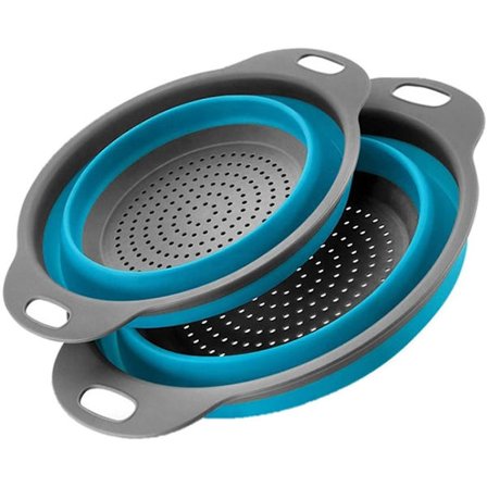 Blå 2 stk. sammenklappelige dørslag med håndtag med udtrækkelige håndtag, perfekt til at dræne pasta, grøntsager, frugt, pastasi, nudler, køkken