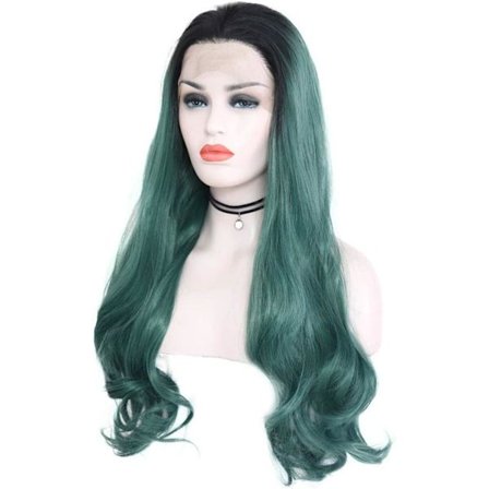 Hårförlängningar Fashian Långt hår lockar Big Wave Svart Gradient Mörkgrön Peruk T Färg Front Spets Peruk (Färg: Grön, Storlek: 18 tum)