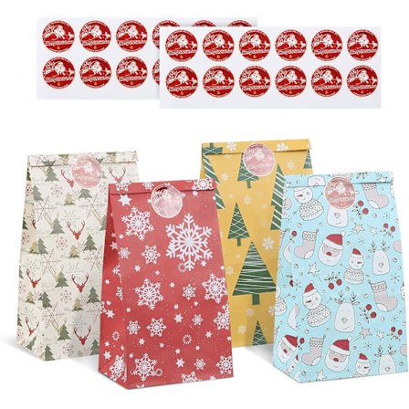 24 st Julklappspåsar, Presentpåsar + 24 Klistermärken för Gåvor, Godis, Kakor, Bröd, 21 x 12 x 8 cm
