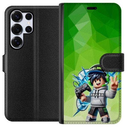 Kompatibelt Lommeboketui til Samsung Galaxy S25 Ultra Roblox-inspirert gamerfigur med headset, håndkontroll og energiske effekter mot grønn bakgrunn