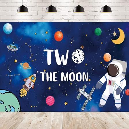 To bursdagsmånebakgrunn Ytre romrakett Astronaut Tema Bursdagsbakgrunn Gutt 2. bursdagsfestdekorasjon Bannerrekvisita