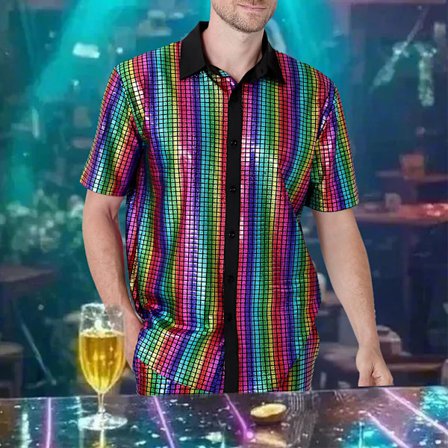 Herre 70'er 80'er Glitter Paillet Skjorter Metallisk Festkostume Kortærmet Knapskjorte Sjov Natklub T-shirt Mørke Striber