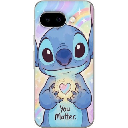 Yhteensopiva Puhelinkuori Google Pixel 9a Söpö sininen fantasiakuva, jossa on suuret kiiltävät silmät pitäen loistavaa sydäntä vasten sateenkaari taus