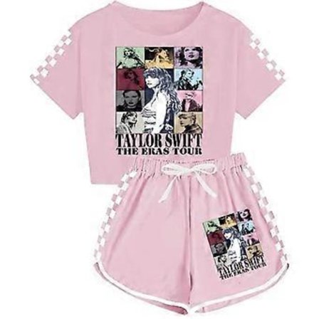 2 stk./sæt 7-14 år Piger Taylor Swift The Eras Tour Sommer T-shirt Toppe Shorts Pjs Loungewear Tracksuit Outfits (13-14 år Pink)