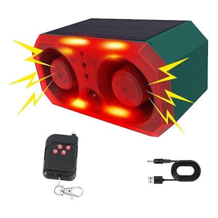Solardriven utomhuslarm med rörelsesensor och 13 ljud, 130db dubbel högtalare rörelsedetektor larm med fjärrkontroll för bondgård