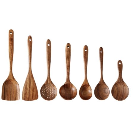 Träslevar för matlagning, 7 st träredskap för matlagning i teakträ, köksredskapssats i trä, köksskedar i teak i trä B