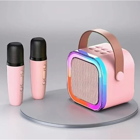 Premium Retro Bluetooth-højtaler med dobbelte trådløse mikrofoner LED-lys til familiefester Fødselsdagsgaver Pink