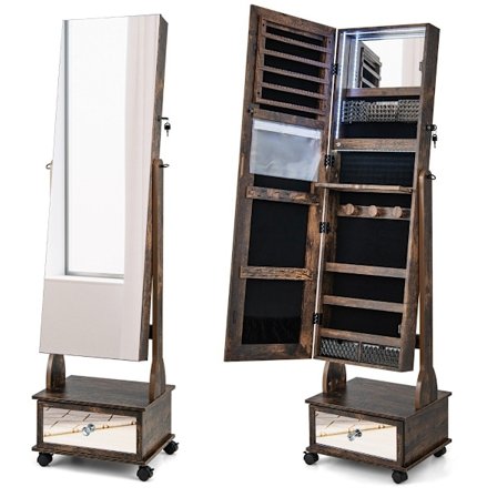 Smyckesskåp med 3 speglar & lådor & hjul & lampor Smyckesspegel Rustik Brun