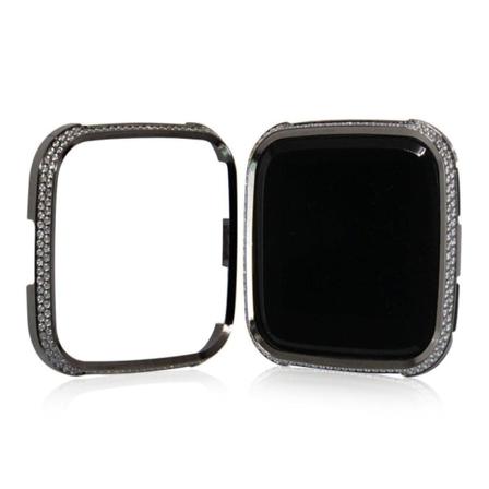 Fitbit Versa beskyttelses urramme i aluminium med dobbletrækket bjergkrystal dekoration - Sort Black