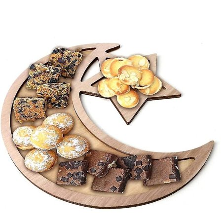 Ramadan Eid Mubarak Dekoreret Måne og Stjerner Middagstallerken i Træ