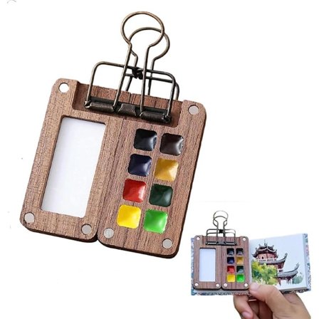 Bærbart akvarelpalette med 8 rum og clips - Palette - Malerkasse - Akvarelpalette - Metalklips - Træpalettekasse - Foldbar -