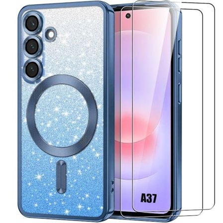 Cover til Samsung Galaxy A37 5G, TPU med Magnetisk Cirkel - Glitrende Blå - 2 Tempered Glass
