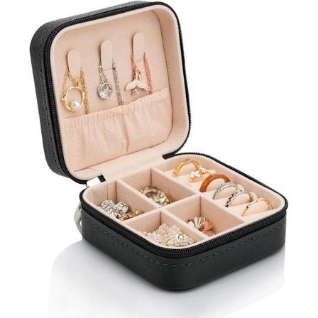 Bærbart smykkeskrin, smykkeskrin til kvinder, lynlåslukning, perfekt til opbevaring af rejsesmykker, ringe, øreringe, armbånd og halskæder (sort)