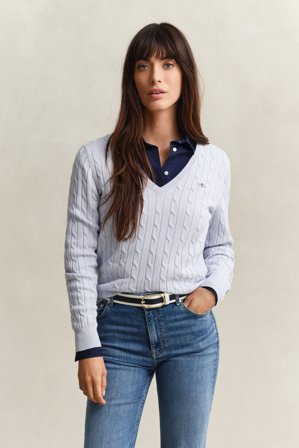GANT Damen V-Neck Pullover mit Zopfmuster (M) Hellblau