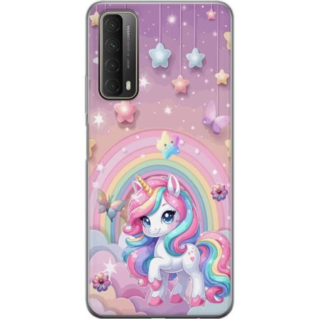 Yhteensopiva Puhelinkuori Huawei P smart 2021 Maaginen yksisarvinen, jolla on sateenkaarimane, tähtiä ja perhosia vasten pastellinväristä taivasta, jo